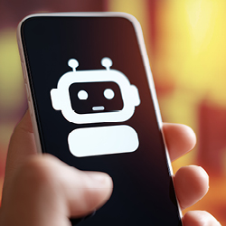 Close-up of a smartphone with a large chatbot icon on the display