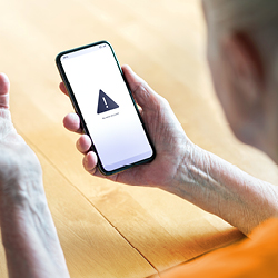 Eine Person h&auml;lt ein Smartphone in der Hand, auf dessen Bildschirm ein Warnsymbol zu sehen ist